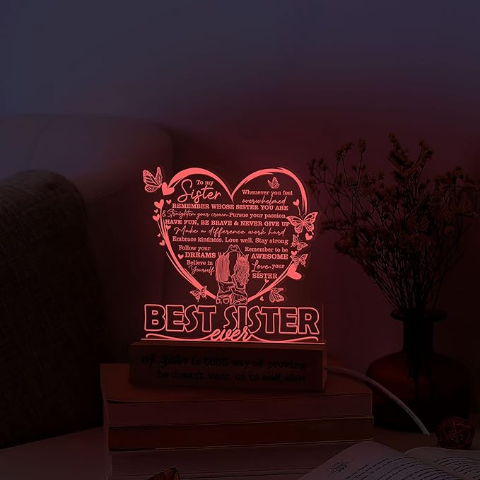 Sister Gifts from Sisters, to My Sister 3D Illusion Lamp, Best Sister Ever Acrylic Night Light, Sister Birthday Gifts from Brothers, Gift for Sister on Wedding Anniversary Christmas Valentine - LeafyLoom