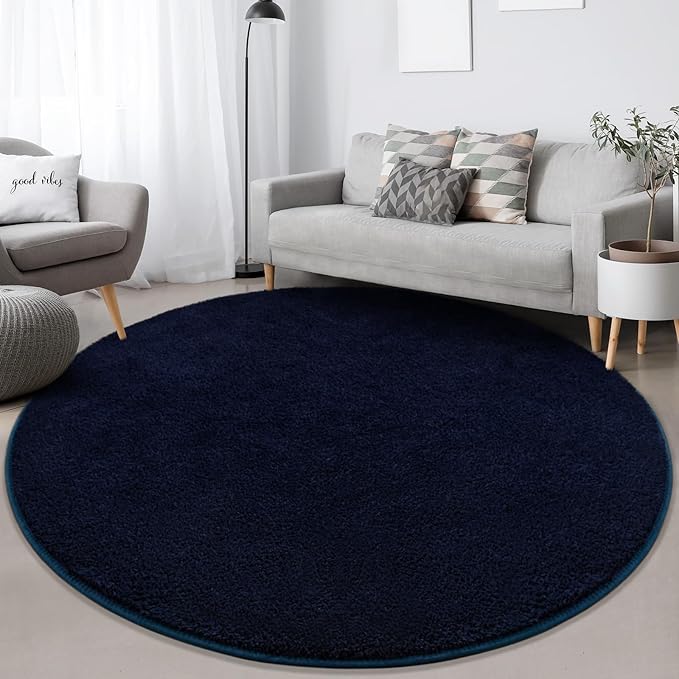 Round Area Rugs for Bedroom Living Room, 4x4 Navy Blue Super Soft Comfy Thickened Memory-Foam Indoor Circle Carpets, Modern Aesthetic Minimalist Carpet for Boys Girls Adults Nursery Home Décor - LeafyLoom