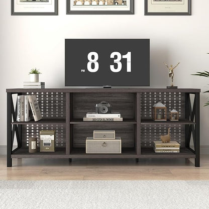 LVB TV Stand for 70 Inch TV, Rustic Industrial Entertainment Center, Large Television Stands for Living Bedroom, Long Wood Metal TV Table Stand with Media Console Cabinet Storage, Dark Gray Oak, 59 IN - LeafyLoom