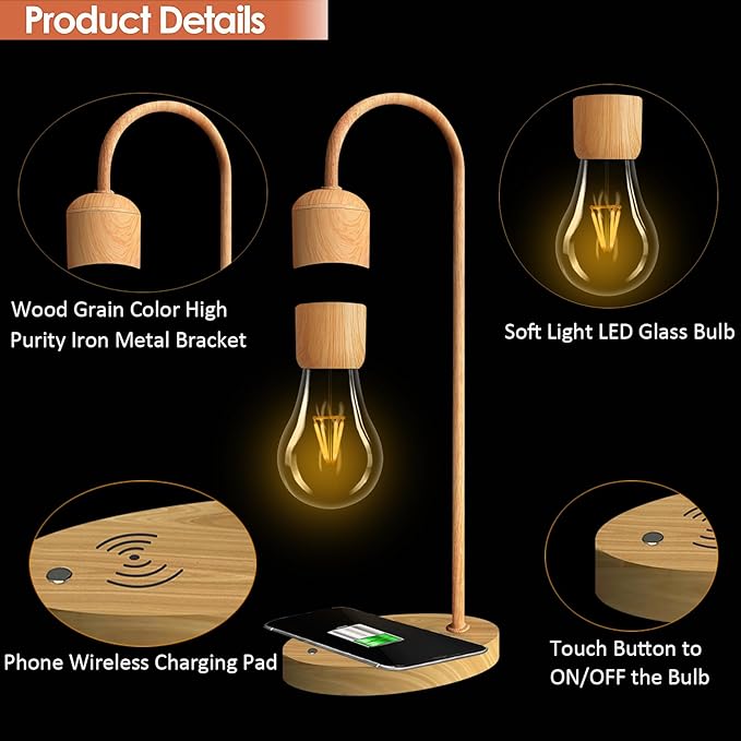 Magnetic Levitating Lamp with Wireless Phone Charging Pad Floating Light Bulb LED Night Light Wood Grain Table Lamp Levitation Desk Lamp for Office Home Decoration Christmas Gift - LeafyLoom