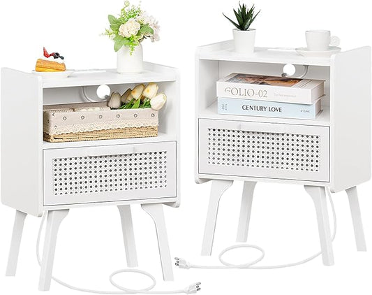 Lerliuo Rattan Nightstands set of 2 with Charging Station, Side Table with Drawer Open Shelf, Cane Accent Bedside End Table with Solid Wood Legs, Night Stand for Bedroom, Dorm and Small Spaces (White) - LeafyLoom