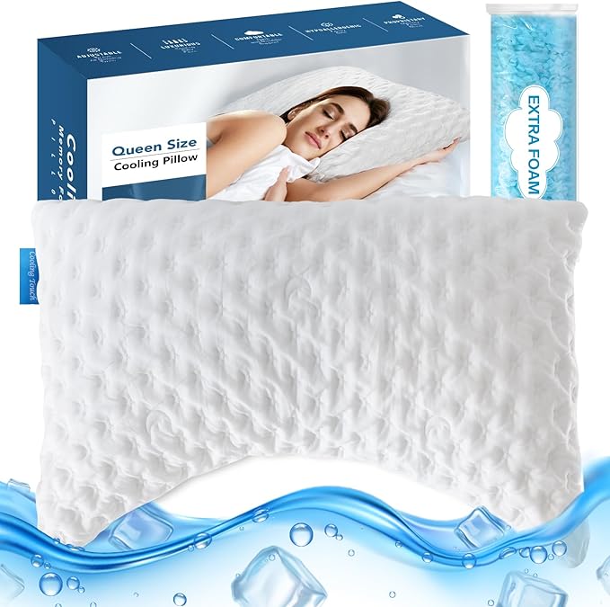 Cooling Side Sleeper Pillow for Neck and Shoulder Pain, Adjustable Shredded Memory Foam Bed Pillows for Sleeping, Ergonomic Curved Pillow with Extra Foam, Queen Size, Hypoallergenic Washable Cover - LeafyLoom