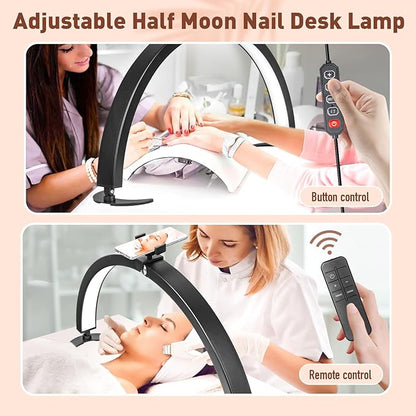 HITTI Large Half Moon Light for Nail Desk with Phone Holder, Foldable Nail Tech Light, Lash Table Lamp with Wire Controller & Remote, 7 Color Modes 10 Brightness for Extension Tattoo Craft Beauty - LeafyLoom