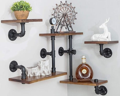 Industrial Rustic Modern Wood Ladder Pipe Wall Mounted Floating Shelves - Set of 3 Bookshelf,DIY Storage Shelving,Hung Bracket,Bookcase (Set of 3 Ladder Shelves) - LeafyLoom