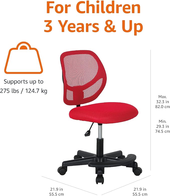 Amazon Basics Kids Adjustable Mesh Low-Back Swivel Study Desk Chair with Footrest, Red - LeafyLoom