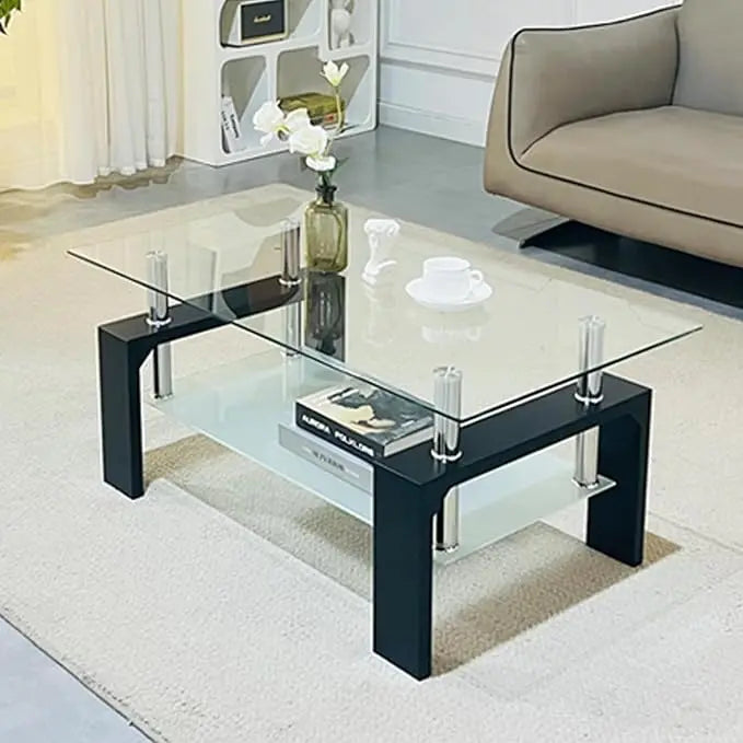 Coffee Table - Rectangle Glass Coffee Table with Simple and Classical Inspired Design, Easy Assembly for Modern Living, 39.5 * 23.5 * 17.5 inches (Black) - LeafyLoom