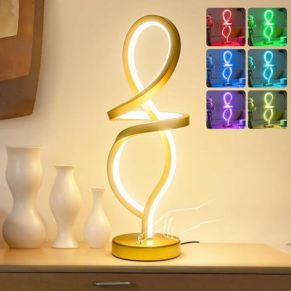 Modern Table Lamp,RGB Table Lamp，LED Spiral Lamp, Gold Bedside Lamp with 7 Colors 10 Light Modes, Touch Dimmable Nightstand Lamp for Bedroom Living Room Home Office, 15W - LeafyLoom