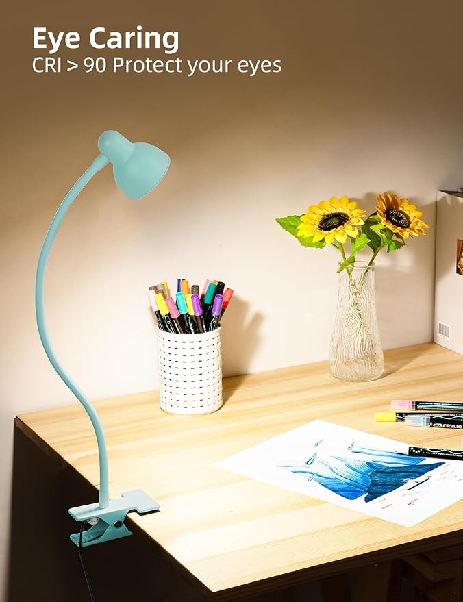 Clip on Reading Light for Bed 3 Color Modes, 10 Brightness Dimmable, Flexible Gooseneck Clip on Lamp, Eye Care Clip Light for Bed Headboard Desk Home Dorm, Teal - LeafyLoom