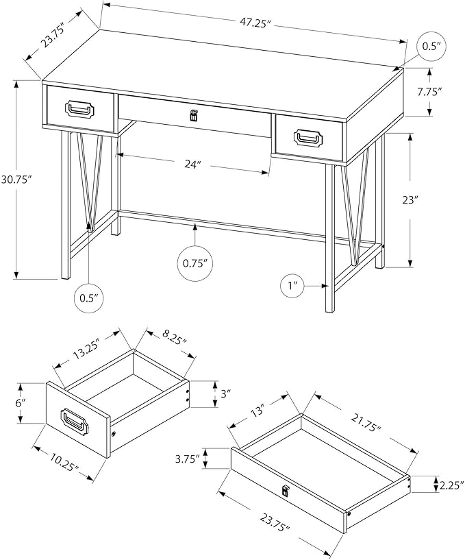 Monarch Specialties Laptop Table with Drawers-Industrial Style-Metal Legs Computer Desk Home & Office, 48" L, Taupe Reclaimed Wood Look - LeafyLoom