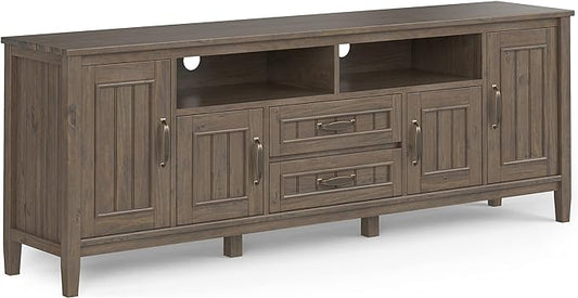 SIMPLIHOME Lev SOLID WOOD 72 Inch Wide Contemporary TV Media Stand in Smoky Brown for TVs up to 80 Inches, For the Living Room and Entertainment Center - LeafyLoom