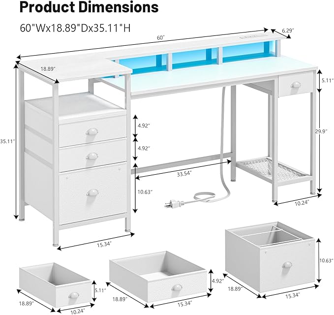 Furologee White Computer Desk with Drawers, 60" Office Long Desk with Fabric File Cabinet and Power Outlets, Gaming Desk with LED Lights, Study Writing Work Desk for Home Office, White - LeafyLoom