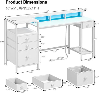 Furologee White Computer Desk with Drawers, 60" Office Long Desk with Fabric File Cabinet and Power Outlets, Gaming Desk with LED Lights, Study Writing Work Desk for Home Office, White - LeafyLoom