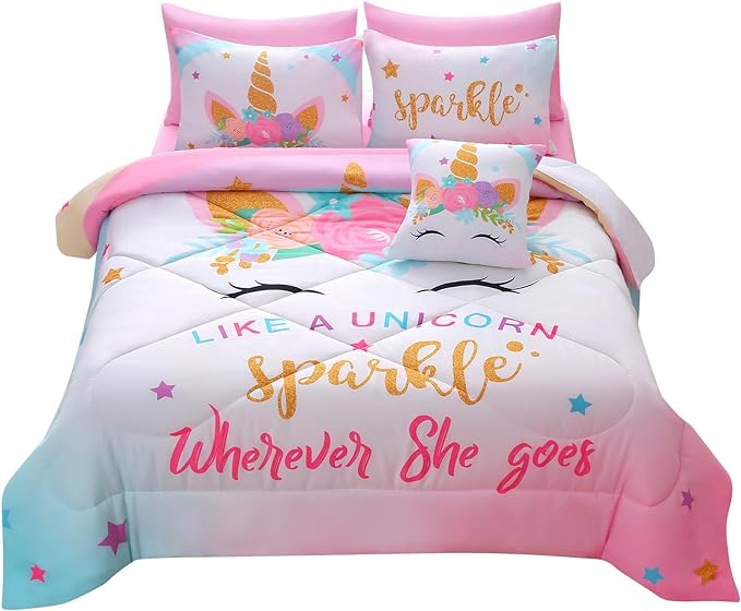 JQinHome Unicorn Full Bedding Sets for Girls Kids,8 Piece Bed in A Bag 3D Colorful Flower Girl Unicorn Comforter Set with Sheet Set(Sparkle) - LeafyLoom