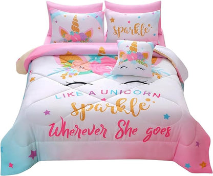 JQinHome Unicorn Full Bedding Sets for Girls Kids,8 Piece Bed in A Bag 3D Colorful Flower Girl Unicorn Comforter Set with Sheet Set(Sparkle) - LeafyLoom