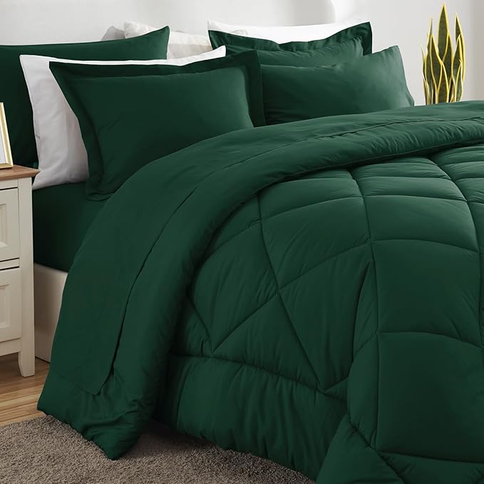 CozyLux Full Comforter Set with Sheets 7 Pieces Bed in a Bag Emerald Green All Season Bedding Sets with Comforter, Pillow Shams, Flat Sheet, Fitted Sheet and Pillowcases - LeafyLoom