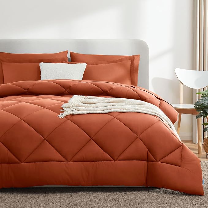 CozyLux Queen Comforter Set with Sheets 7 Pieces Bed in a Bag Burnt Orange All Season Bedding Sets with Comforter, Pillow Shams, Flat Sheet, Fitted Sheet and Pillowcases - LeafyLoom