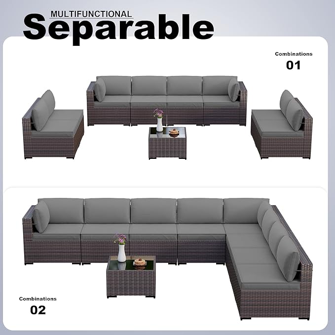 Kullavik 9PCS Outdoor Patio Furniture Set PE Wicker Rattan Sectional Sofa Patio Conversation Sets,Grey - LeafyLoom