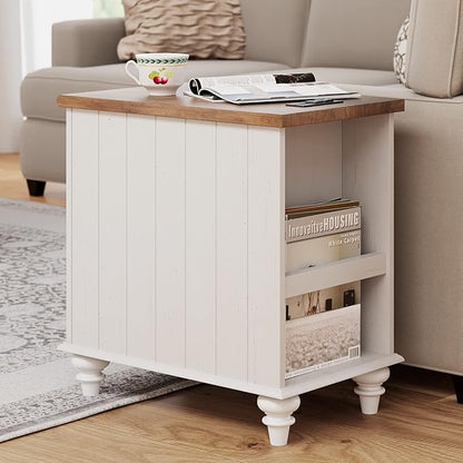 WAMPAT End Table with Charging Station, White Side Table with Storage Cabinet and Drawer, Wood Nightstand with Power Outlets & USB Ports for Bedroom, Living Room - LeafyLoom