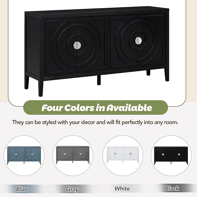 Retro Sideboard with Circular Groove Design Round Metal Door Handle,Wooden Buffet Cabinet,W/Adjustable Shelves & Open Countertop,for Entrance Living Dinning Room,Black, 60" - LeafyLoom