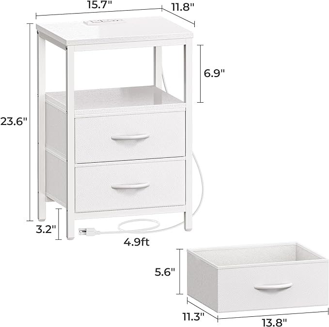 Nightstand with Charging Station, Side Table with Fabric Drawers, End Table with Open Shelf, Bedside Table with USB Ports and Outlets, Night Stand for Bedroom, White - LeafyLoom