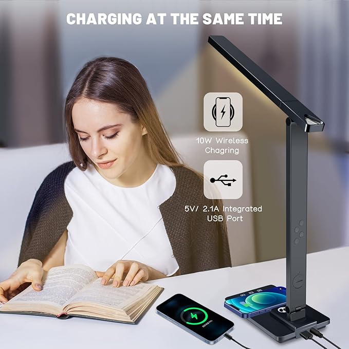 Led Desk Lamp with Wireless Charger, Desk Lamps for Home Office with Clock, Alarm, Date, Temperature | Desk Light with Night Light, 45 Min Auto Timer | Touch Control Smart Lamp for College, Dorm - LeafyLoom