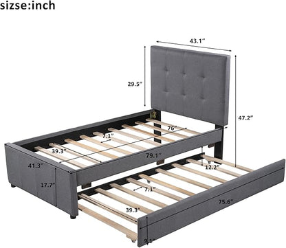 Twin Size Platform Bed, Linen Upholstered Bed Frame with Headboard and Trundle, Wood Slat Support, Gray - LeafyLoom