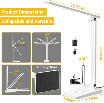 LED Desk Lamp for Home Office, 3 Levels Dimmable Desk Light with USB Charging Port, Small Study Lamp, Reading Light for Table, White, 5000K - LeafyLoom