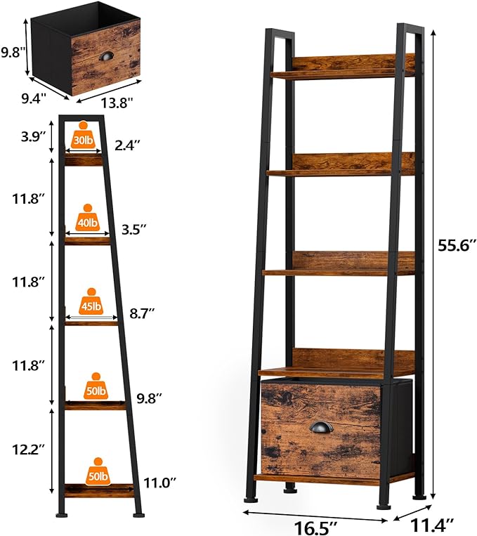 Furologee 5-Tier Ladder Shelf, Ladder Bookshelf with Removable Drawer, Rustic Bookcase Storage Rack Organizer, Wood Metal Freestanding Storage Shelf for Living Room, Home Office, Bedroom, Balcony - LeafyLoom