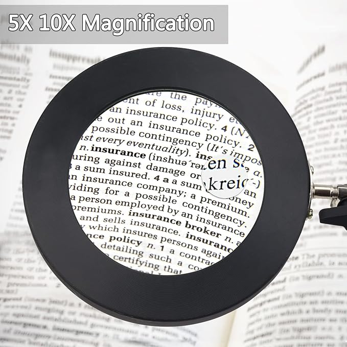 5X & 10X Magnifying Glass with Light and Stand, KIRKAS 2-in-1 Stepless Dimmable and 3 Color Modes LED Magnifying Desk Lamp, 10X Ultra-high Magnification Glass Lens for Precision Machinery Repair-Black - LeafyLoom