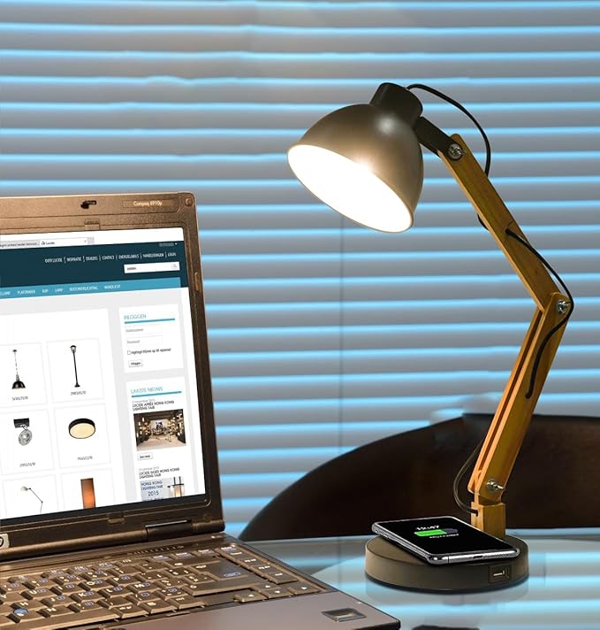 ELINKUME LED Desk Working Lamp with Charging(Wireless/USB-A/Typ-C),Wood Swing Arm Table Bedside Lamp, Black Metal Lampshade,Vintage Reading Light for Office,Study,Bedroom,Living Room(Excluding Bulb) - LeafyLoom