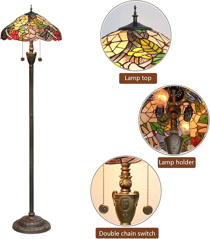 Tiffany Floor Lamp Dragonfly Style Spider Web Stained Glass for Living Room Bedroom Office Bright Lighting Rustic Corner Deco Standing Tall Vintage Unique Pull Chan Reading Aesthetic Lamps - LeafyLoom