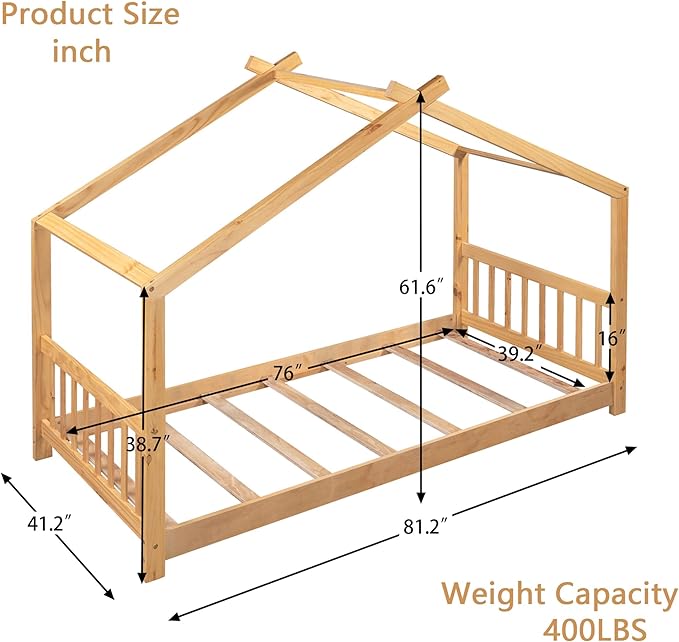 Montessori Floor Bed Frame Twin Size, Twin Floor Bed with Headboard and Footboard, Low House Bed for Girls, Kids, Boys, No Box Spring Needed, Natural Montessori Bed Twin Size - LeafyLoom