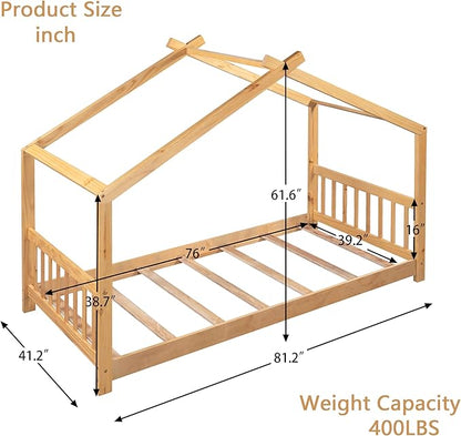 Montessori Floor Bed Frame Twin Size, Twin Floor Bed with Headboard and Footboard, Low House Bed for Girls, Kids, Boys, No Box Spring Needed, Natural Montessori Bed Twin Size - LeafyLoom