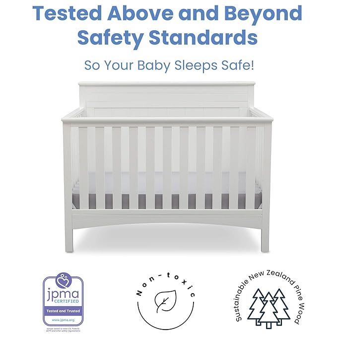 Delta Children Fancy 4-in-1 Crib, Bianca + Serta Perfect Slumber Dual Sided Recycled Fiber Core Crib and Toddler Mattress (Bundle) - LeafyLoom