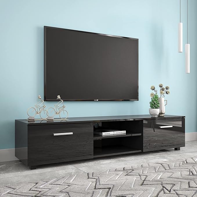 63" TV Stand with Open Shelves, Television Stands for TVs Up to 70", Media Console Entertainment Center Television Table with 2 Storage Cabinet for Living Room, Bedroom, Black - LeafyLoom