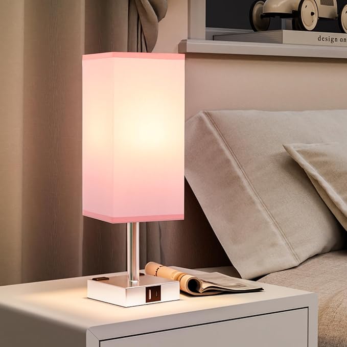 Touch Bedside Table Lamp For Nightstand - 3-Way Dimmable Night Lamp with USB A + Type C Charging Ports and two AC Outlets, Small Desk Light with E26 LED Bulb for Bedroom Living Room Dorm Office, PINK - LeafyLoom