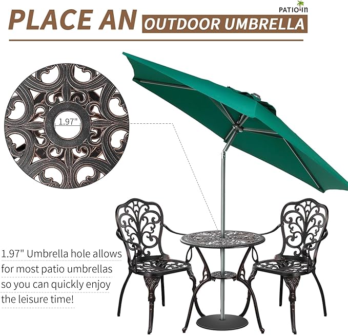 3 Piece Patio Furniture Dining Set Aluminum Patio Bistro Set Outdoor Furniture with Umbrella Hole for Yard, Balcony, Bronze - LeafyLoom