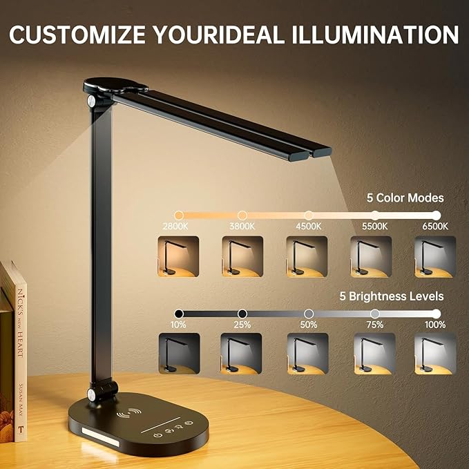 LED Desk Lamps for Home Office, Double Head Touch Desk Lamp with Wireless Charger, Dimmable Desk Light with USB Charging Port, Adjustable Reading Lamp, Eye-Caring Table Lamp with Night Light, 1H Timer - LeafyLoom