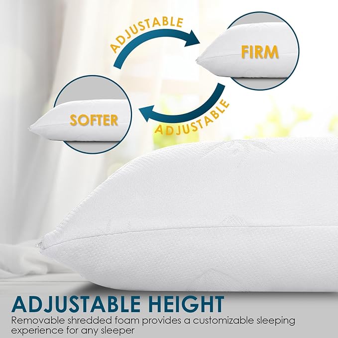 Cooling Bed Pillows for Sleeping 2 Pack, Shredded Memory Foam Pillows Queen Size Set of 2 - Adjustable Pillows for Side Back Sleepers with Cooling Washable Cover, Medium Firm Support Pillows - LeafyLoom