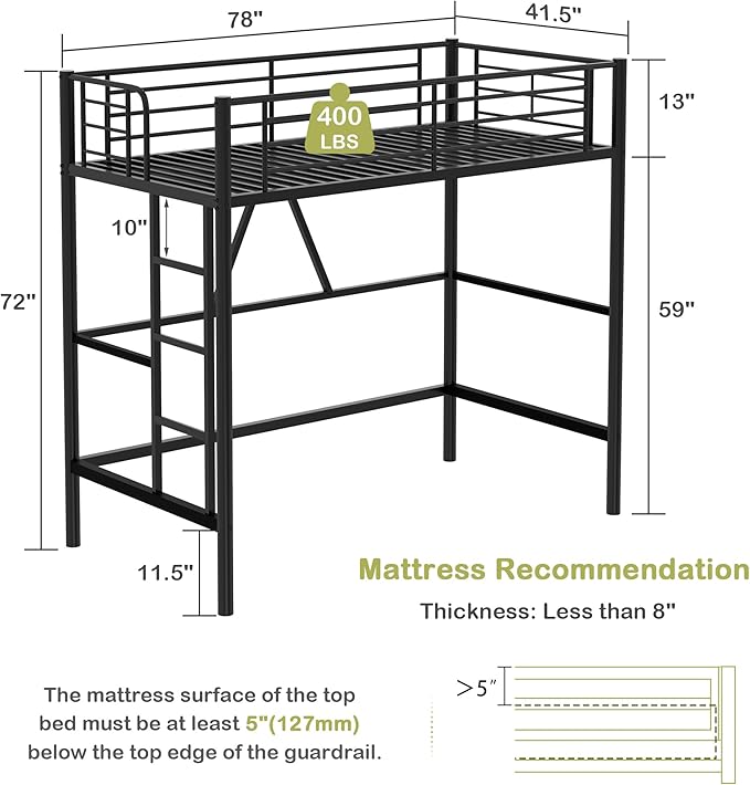 VECELO Metal Loft Bed Twin Size, Heavy Duty Bedframe with Removable Ladder and Safety Guardrail, Space-Saving, Noise Free, No Box Spring Needed, Black - LeafyLoom