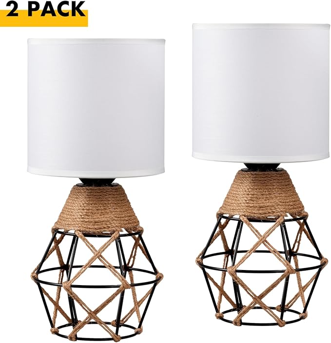 Hamilyeah Table Lamps Set of 2, Woven Lamps for Nightstand with On/Off Switch, Farmhouse Bedside Lamps with White Fabric Shade, Modern Simple Lamps for Bedroom, Living Room - LeafyLoom