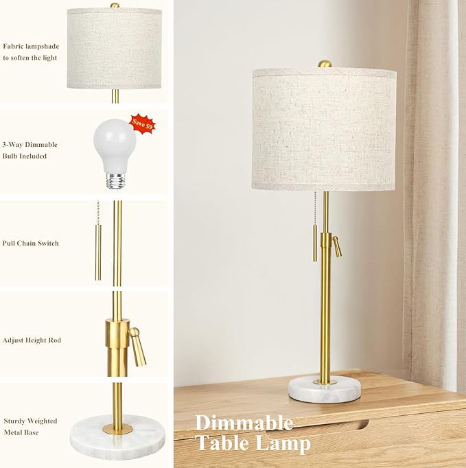 Table Lamp Set of 2: 22" to 30" Height Adjustable Pull Chain Switch for Living Room Bedroom End Table, Marble Base Beige Linen Shade Gold Nightstand Lamp for Office, Bedside Table (Gold, Beige Shade) - LeafyLoom