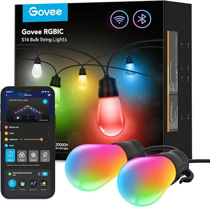 Govee Smart Outdoor String Lights H7020, RGBIC Warm White 48ft LED Bulbs for Halloween Decorations, Christmas, WiFi Patio Lights Work with Alexa, Google Assistant, APP Control, IP65 Waterproof Govee