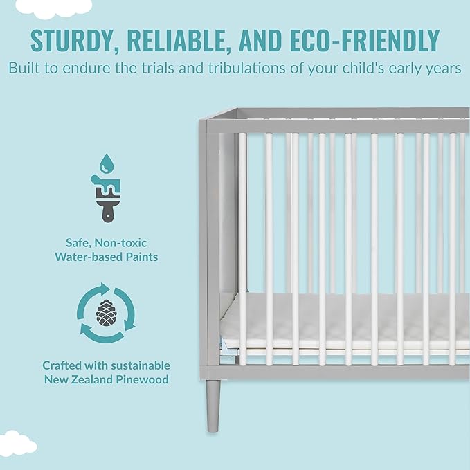 Lucas Mini Modern Crib with Rounded Spindles, 39"L x 25.5"W x 33"H - LeafyLoom