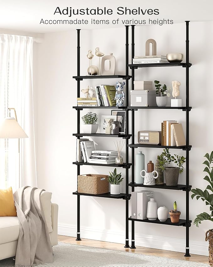 ALLZONE 5 Tiers Narrow Bookshelf, Tall Adjustable Ladder Book Shelf with Open Storage, Floor to Ceiling Tension Mount, Wooden Industrial Bookcase for Living Room, 92 to 116 Inch, Black - LeafyLoom