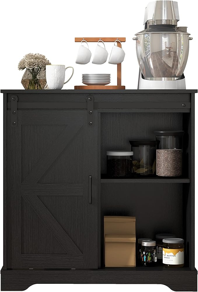 Panana Sliding Barn Door Buffet Sideboard Storage Cabinet Coffee Bar Kitchen Farmhouse Style (Black) - LeafyLoom