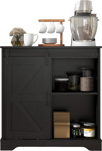 Panana Sliding Barn Door Buffet Sideboard Storage Cabinet Coffee Bar Kitchen Farmhouse Style (Black) - LeafyLoom