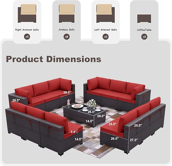 Patio Furniture Set 14-Pieces Outdoor Furniture for Backyard Wicker Sectional Sofa Set, Rattan Patio Conversation Set with Thickened Cushions and Glass Coffee Table, Red - LeafyLoom