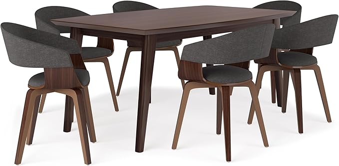 SIMPLIHOME Lowell/Draper Mid Century Modern Set with 6 Upholstered Bentwood Chairs Linen Look Fabric and 66 inch Wide Table for The Dining Room and Kitchen, 7 Pc, Charcoal Grey - LeafyLoom