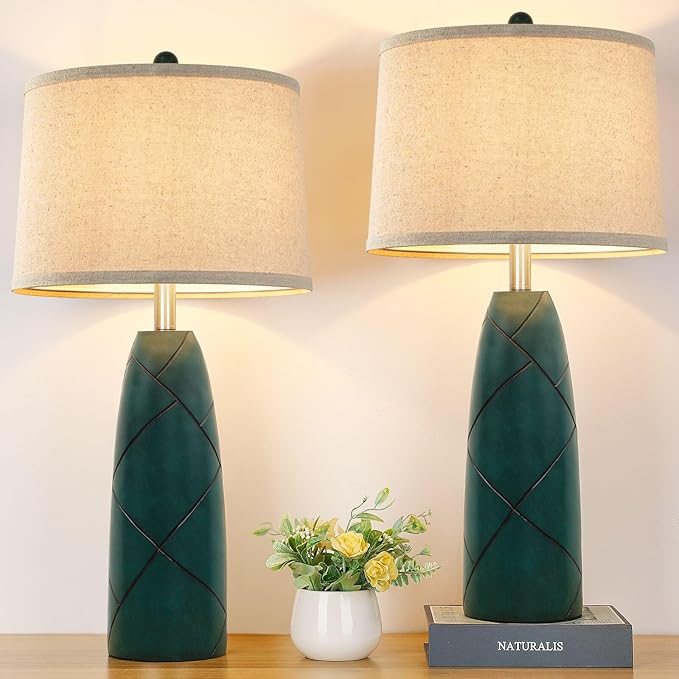 26" Tall Table Lamps for Living Room Set of 2, Modern Green Lamps for Bedrooms, Farmhouse Rustic Bedside Nightstand Lamps, Large End Table Lamps for Office Kids Room Study Room - LeafyLoom